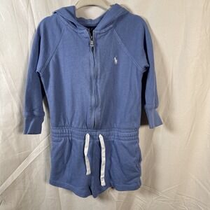 Ralph Lauren Girls 2T Hoodie Romper Zip Up One Piece Blue Drawstring Pony Logo